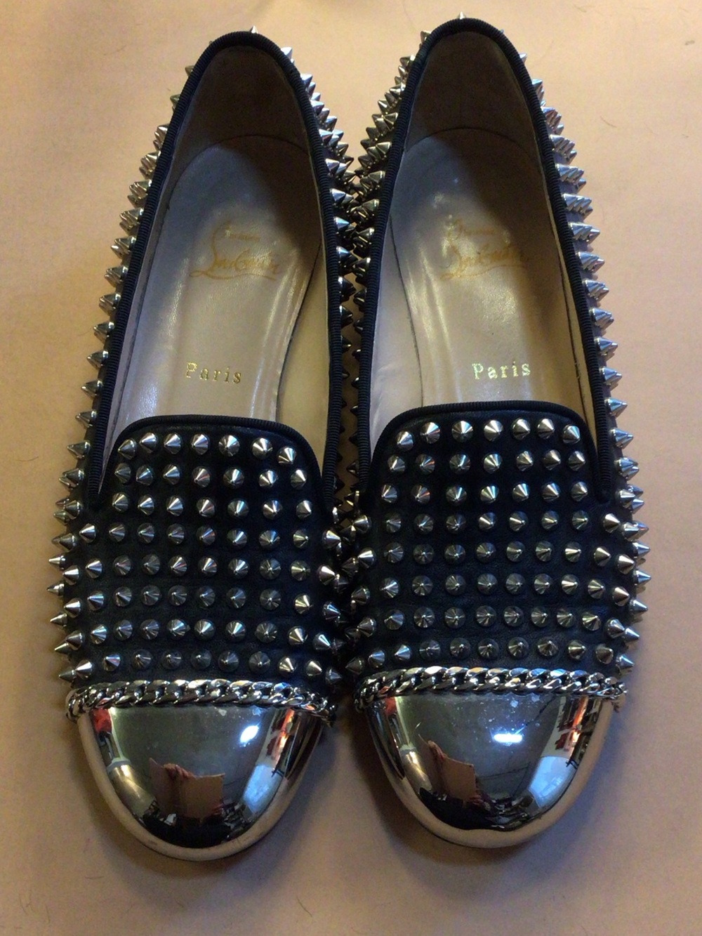 Christian Louboutin Black Leather & Silver Studded Flats with Silver Cap Toe